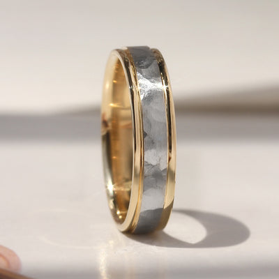 True Hammer Two-Tone Gold Band — 14K white and yellow gold hammered wedding ring with polished edges