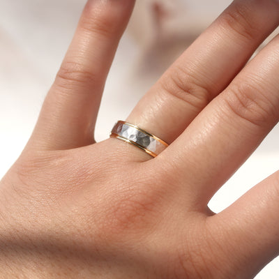 True Hammer Two-Tone Gold Band — 14K white and yellow gold hammered wedding ring with polished edges