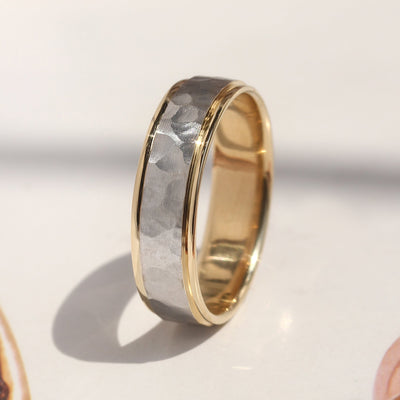 True Hammer Two-Tone Gold Band — 14K white and yellow gold hammered wedding ring with polished edges