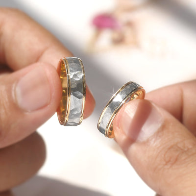 True Hammer Two-Tone Gold Band — 14K white and yellow gold hammered wedding ring with polished edges