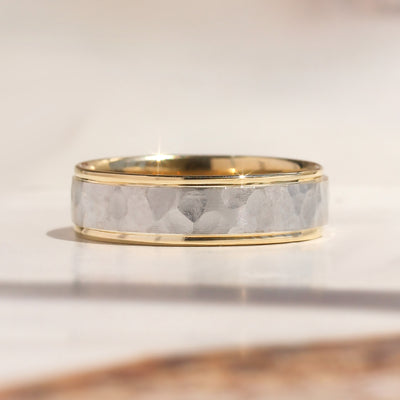 True Hammer Two-Tone Gold Band — 14K white and yellow gold hammered wedding ring with polished edges