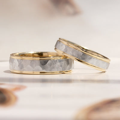 True Hammer Two-Tone Gold Band — 14K white and yellow gold hammered wedding ring with polished edges