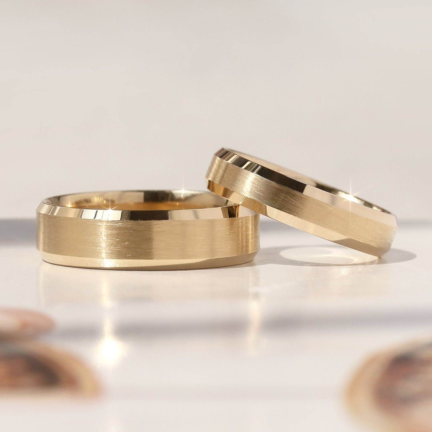 Matching 14K gold wedding bands with matte center and polished edge – Timeless Trace Band Set by Double Accent