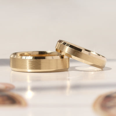 Matching 14K gold wedding bands with matte center and polished edge – Timeless Trace Band Set by Double Accent
