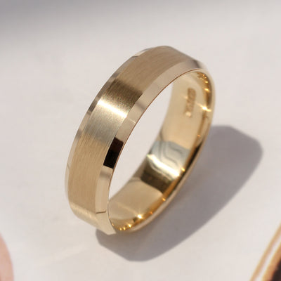 14K gold wedding bands with matte center and polished edge – Timeless Trace Band Set by Double Accent