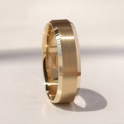 14K gold wedding bands with matte center and polished edge – Timeless Trace Band Set by Double Accent