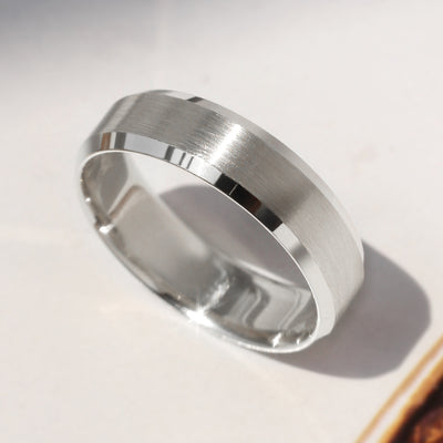 14K white gold wedding bands with matte center and polished edge – Timeless Trace Band Set by Double Accent