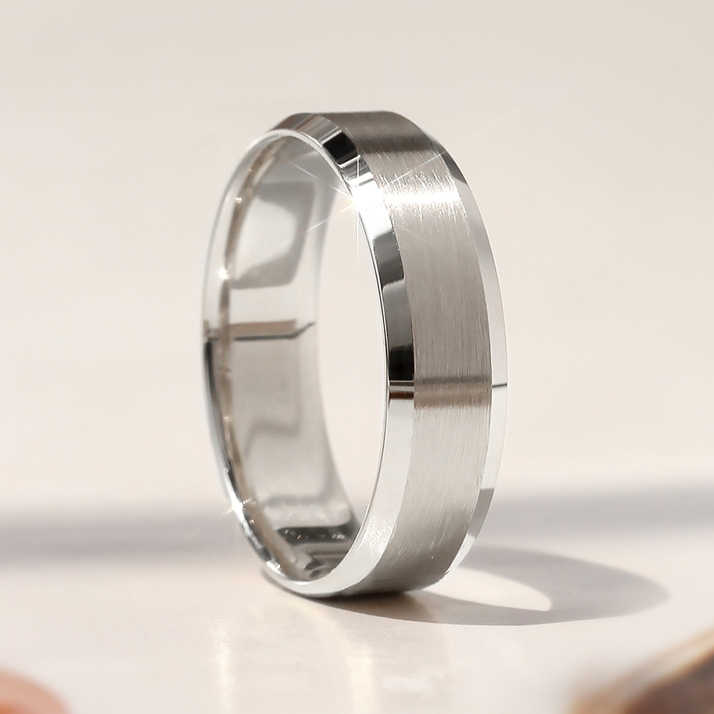 14K white gold wedding bands with matte center and polished edge – Timeless Trace Band Set by Double Accent