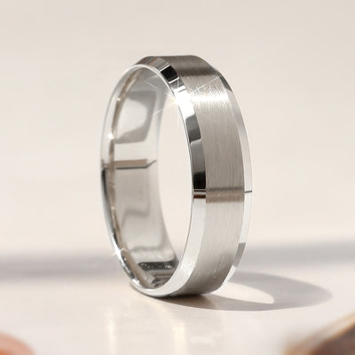 14K white gold wedding bands with matte center and polished edge – Timeless Trace Band Set by Double Accent