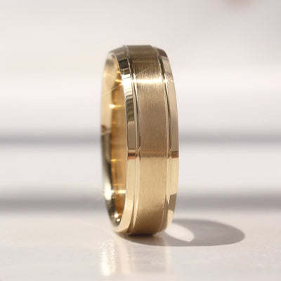 Matching 14K gold wedding bands featuring a matte center with polished grooved edges – Evermore Band Set by Double Accent