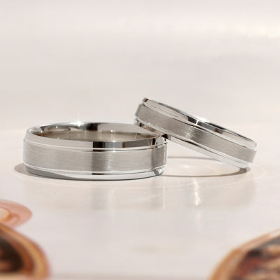 Matching 14K white gold wedding bands featuring a matte center with polished grooved edges – Evermore Band Set by Double Accent