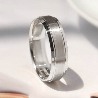 Matching 14K white gold wedding bands featuring a matte center with polished grooved edges – Evermore Band Set by Double Accent