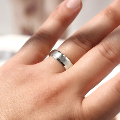 Matching 14K white gold wedding bands featuring a matte center with polished grooved edges – Evermore Band Set by Double Accent