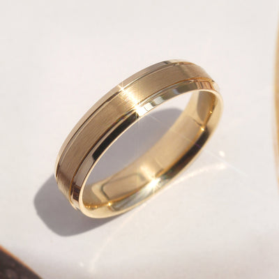 Matching 14K gold wedding bands featuring a matte center with polished grooved edges – Evermore Band Set by Double Accent