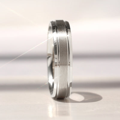 Matching 14K white gold wedding bands featuring a matte center with polished grooved edges – Evermore Band Set by Double Accent