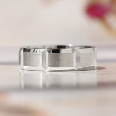 14K white gold wedding bands with matte finish and geometric faceted edges – Reflections Band Set by Double Accent
