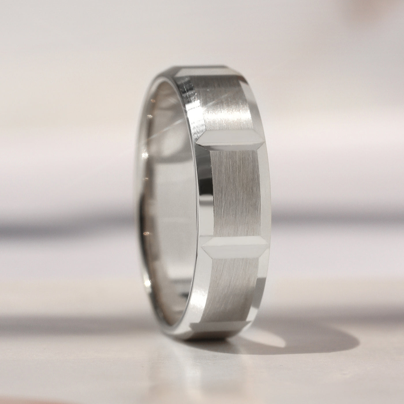 14K white gold wedding bands with matte finish and geometric faceted edges – Reflections Band Set by Double Accent