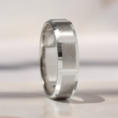 14K white gold wedding bands with matte finish and geometric faceted edges – Reflections Band Set by Double Accent