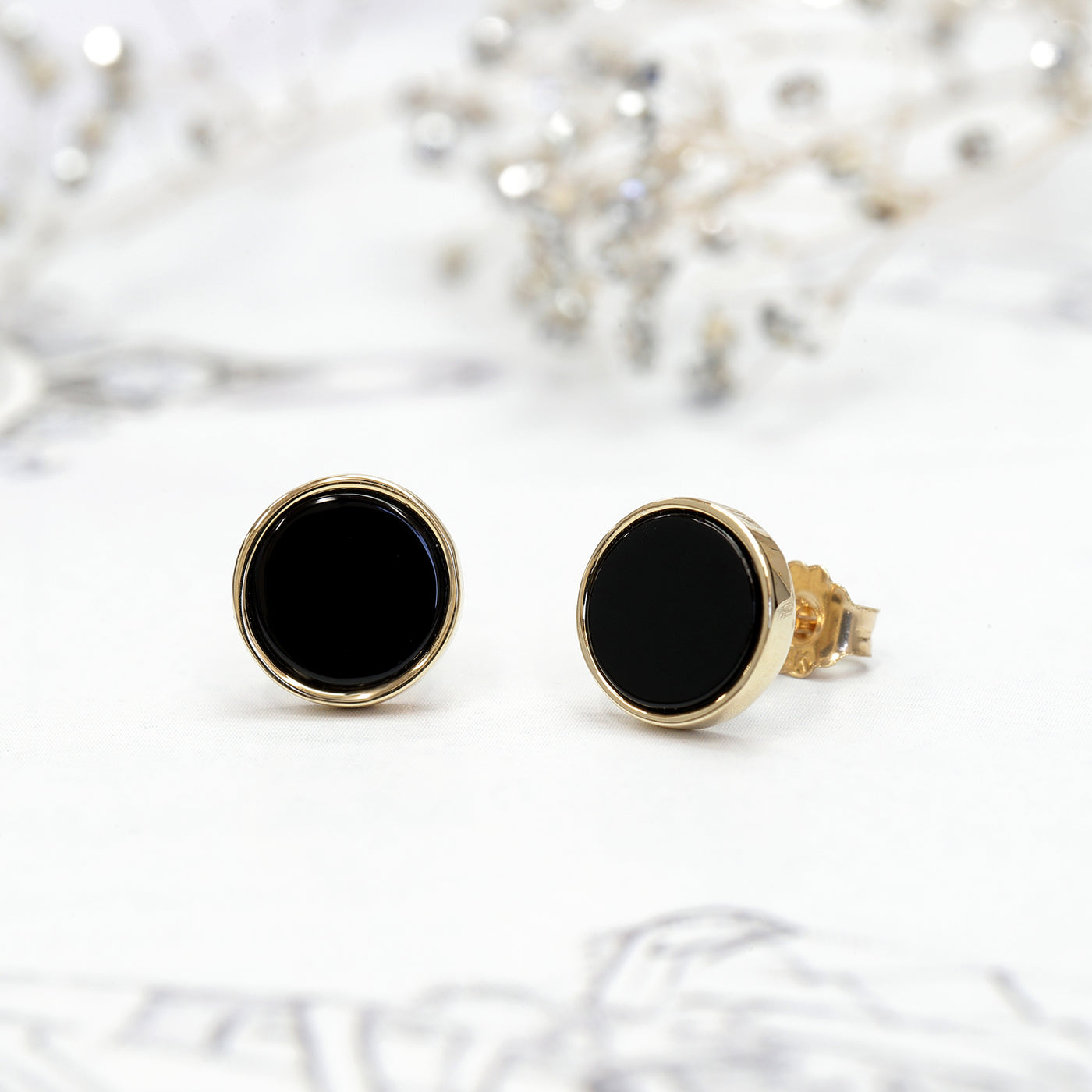 Black Onyx Stud Earrings, Solid 14K Gold