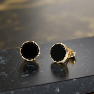 14K gold stud earrings with 8mm black onyx – True North Onyx Studs by Double Accent