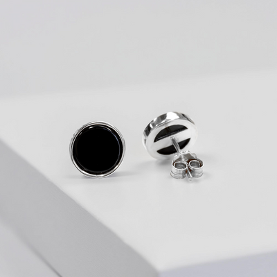14K white gold stud earrings with 8mm black onyx – True North Onyx Studs by Double Accent