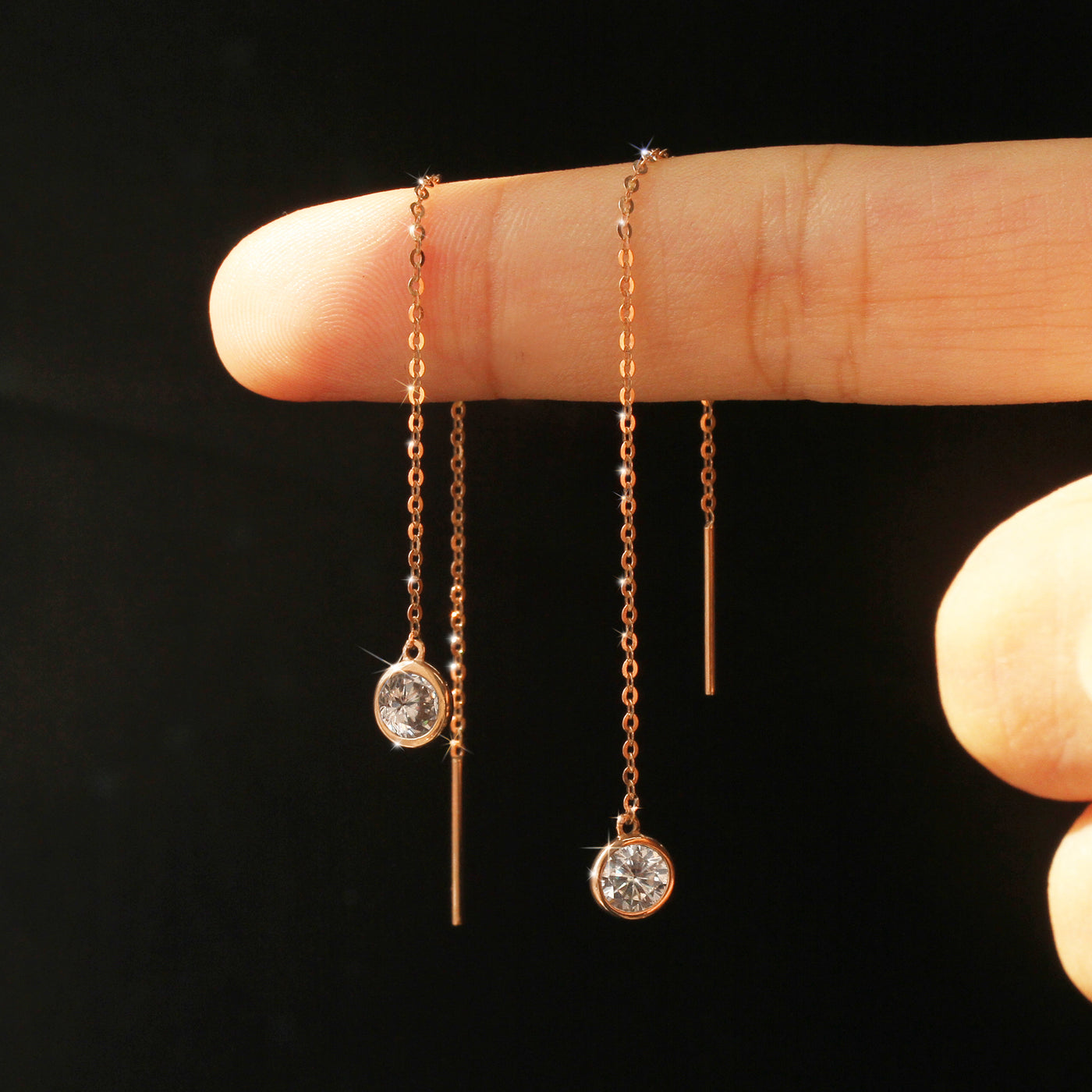 Rose gold Halo Line Threader earrings with CZ bezel