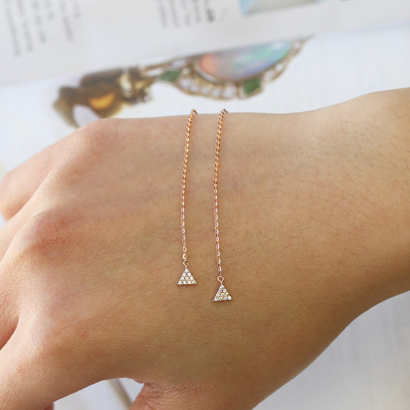 Apex Threader 14K Gold Pyramid Earrings on Hand