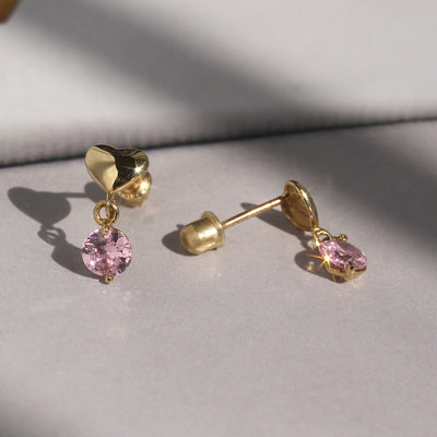 Petite Gold Heart Pink Gem Earrings