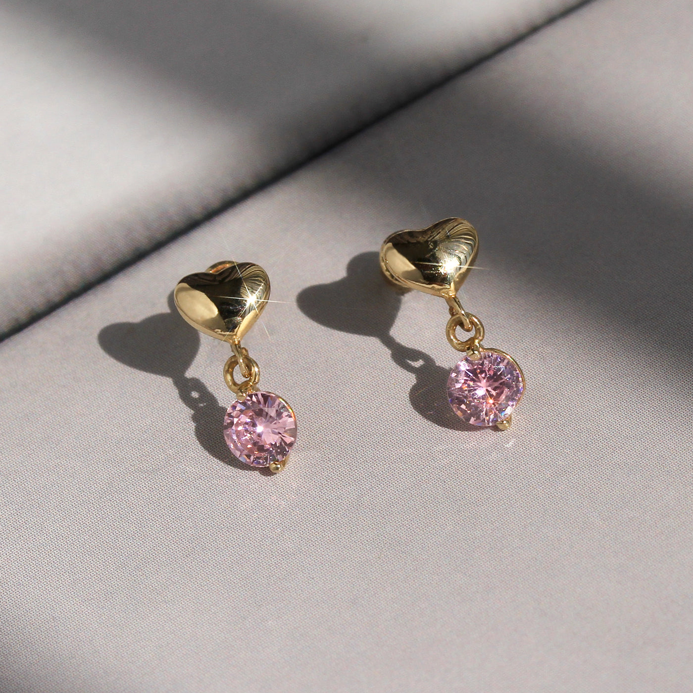 Petite Gold Heart Pink Gem Earrings