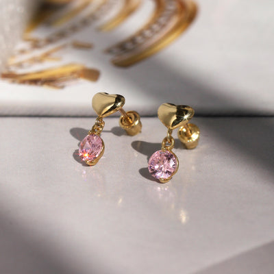 Petite Gold Heart Pink Gem Earrings