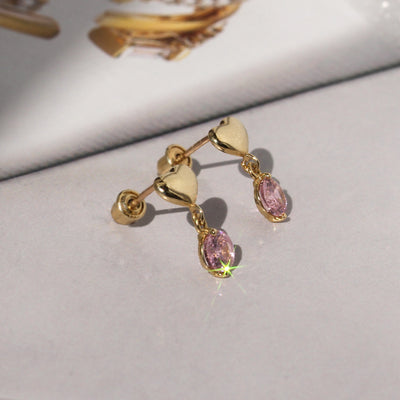 Petite Gold Heart Pink Gem Earrings