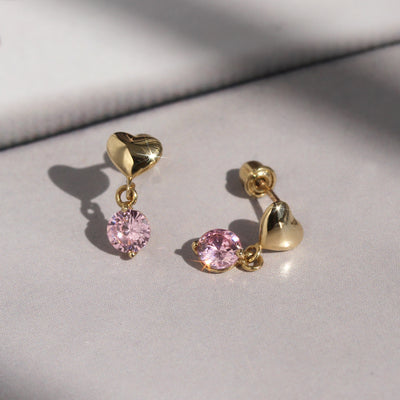 Petite Gold Heart Pink Gem Earrings