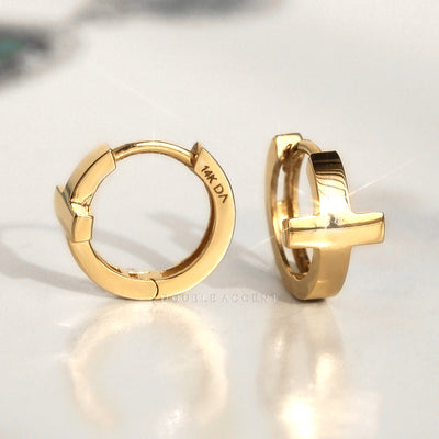 Hypoallergenic 14K gold faith hoop earrings close-up