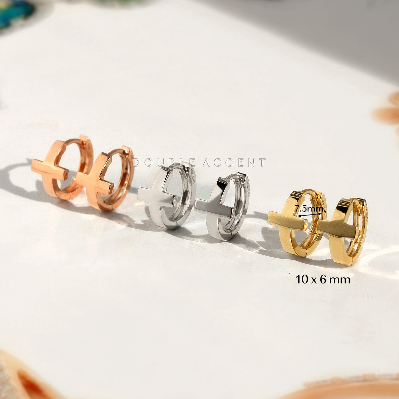 Mini 14K gold cross huggie earrings, sideways cross hoops, everyday faith jewelry