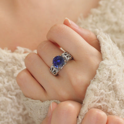 Sterling Silver Simulated Blue Sapphire Vintage Filigree Edwardian Ring