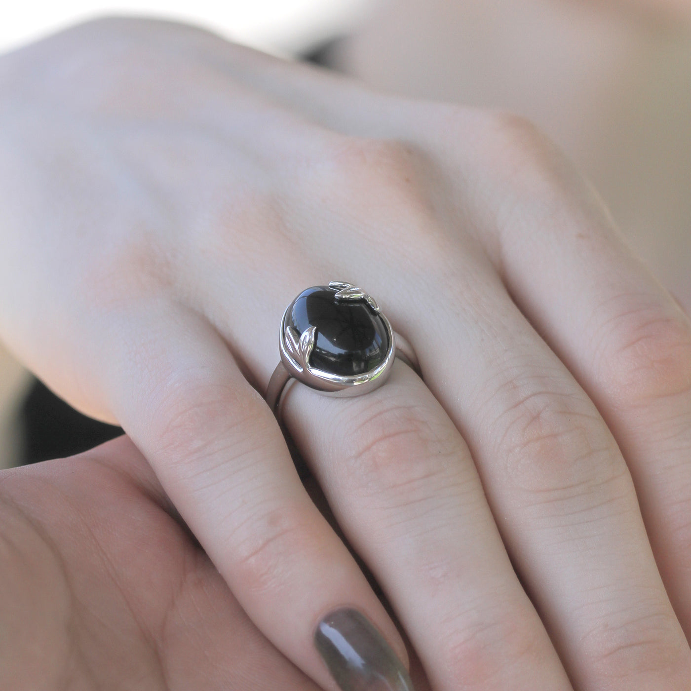 Lustrous Leaf Black Onyx Elegance Ring