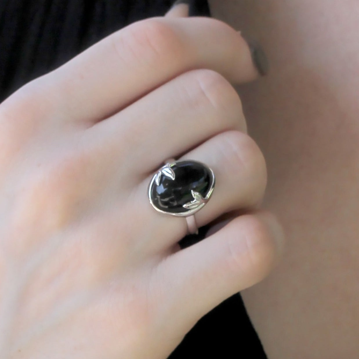 Lustrous Leaf Black Onyx Elegance Ring