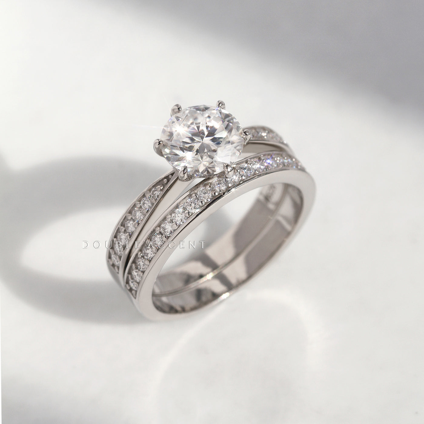 Pure Radiance Ring Set – 2 carat moissanite or CZ in platinum-plated silver