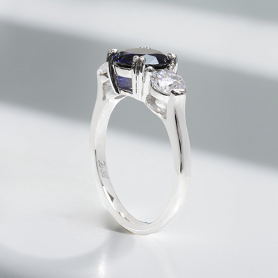 Sterling silver three stone promise ring with 2ct round blue spinel and cubic zirconia accents – Blue Breeze Promise Ring