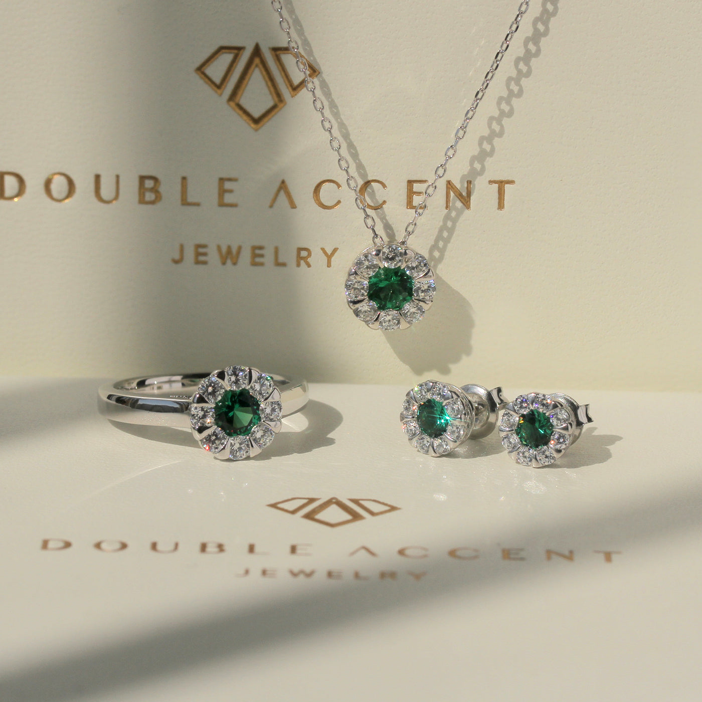 Illusion Invisible Setting Emerald Jewelry Set: Ring, Necklace, Earrings