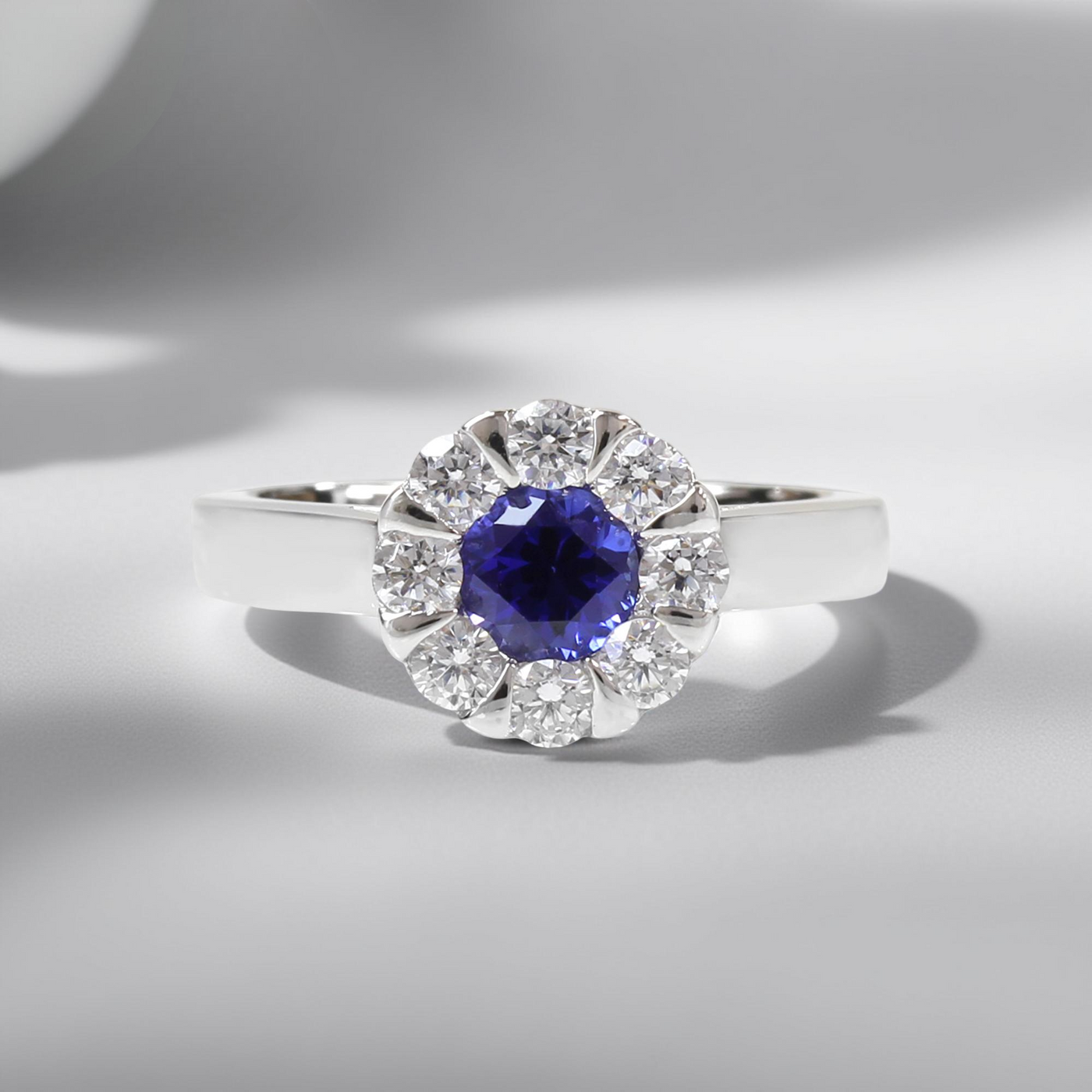 Platinum-plated sterling silver ring with blue sapphire color cubic zirconia cluster stones – Calm Mindfulness Jewelry Set