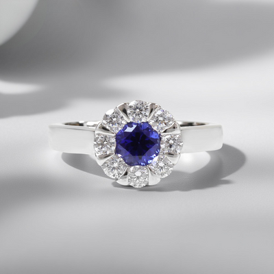 Platinum-plated sterling silver ring with blue sapphire color cubic zirconia cluster stones – Calm Mindfulness Jewelry Set