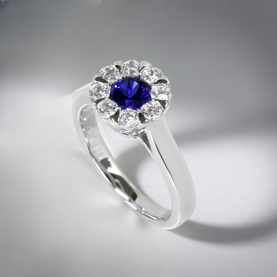 Platinum-plated sterling silver ring with blue sapphire color cubic zirconia cluster stones – Calm Mindfulness Jewelry Set