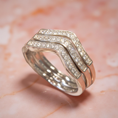 Pathways Chevron Ring Set featuring 3 V-shaped CZ bands in platinum-plated silver.