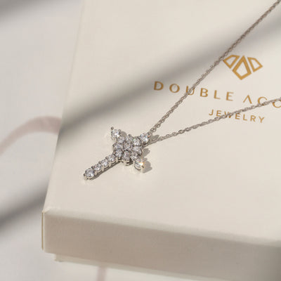Baguette stone cross necklace in platinum-plated sterling silver – Radiant Grace Cross Necklace by DoubleAccent