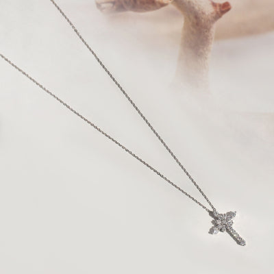 Baguette stone cross necklace in platinum-plated sterling silver – Radiant Grace Cross Necklace by Double Accent