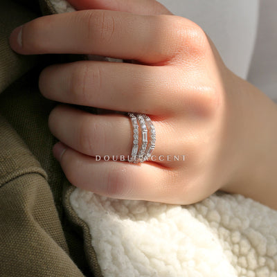 Platinum-plated sterling silver wide band ring with three rows of alternating round and emerald cut stones – Tender Triple Band