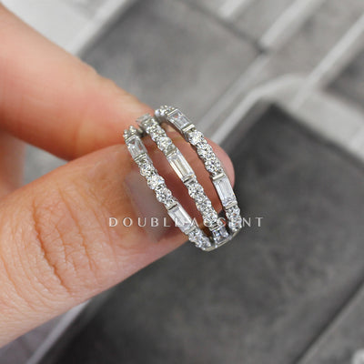 Platinum-plated sterling silver wide band ring with three rows of alternating round and emerald cut stones – Tender Triple Band