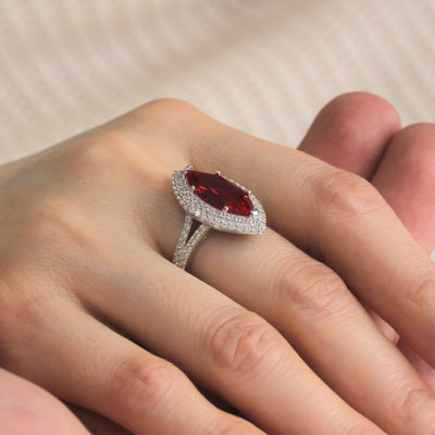 Platinum Plated Sterling Silver Ruby Marquise Cocktail Ring