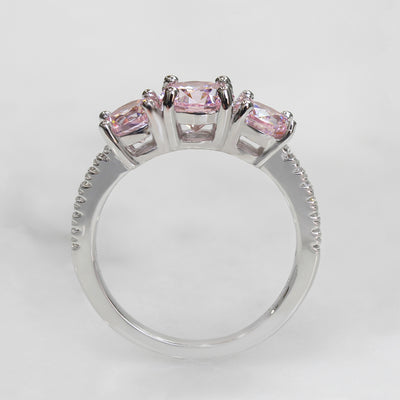 Pink 2 CTW Three Stone Ring, Platinum Plated Sterling Silver